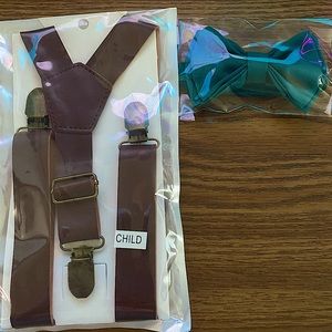 Teal bow tie and brown suspenders